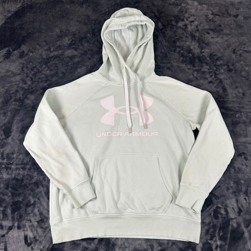 Under Armour Hoodie Womens Large Mint Green Pink Logo Rival Fleece Pullover 2260